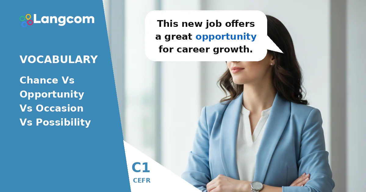 Chance vs. Opportunity vs. Occasion vs. Possibility: C1 Vocabulary Explained Chance vs. Opportunity vs. Occasion vs. Possibility: C1 Vocabulary Explained — C1 English vocabulary lesson by Langcom